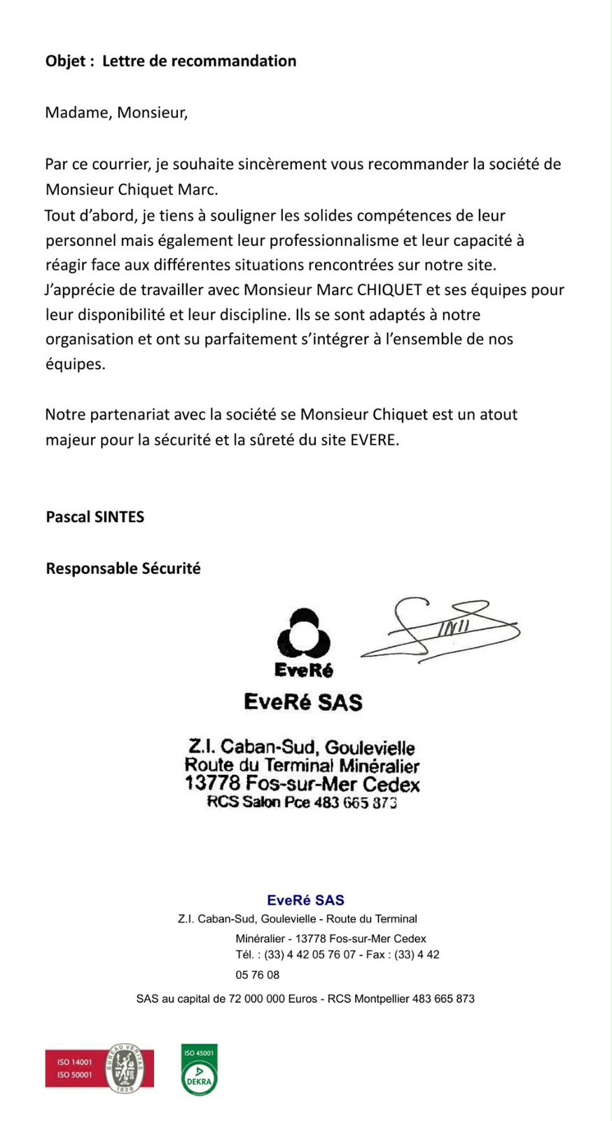 Lettre de recommandation client 1